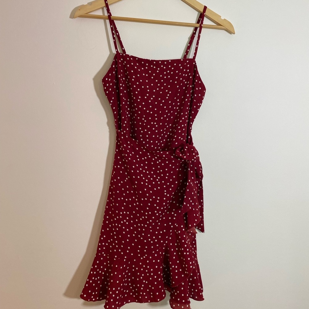 Polly Size 2 Faux Wrap Dress Dark Red with White Polka Dots
